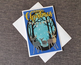 Blue reindeer Christmas card, starry night, luxury handmade card, Winter wonderland, xmas wishes keepsake