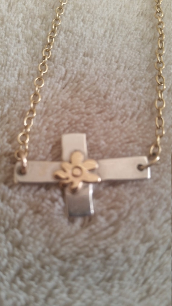 Vintage Upcycled Cross Pendant Necklace Sideways C