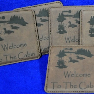 Engraved Coasters Leather Coasters Lake Home Gift Cabin Decor Loons At The Lake Gift Coasters Gift For Friends Housewarming image 1