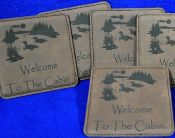 Engraved Coasters ~ Leather Coasters ~ Lake Home Gift ~ Cabin Decor ~ Loons ~ At The Lake Gift ~ Coasters ~ Gift For Friends ~ Housewarming