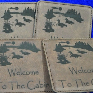 Engraved Coasters Leather Coasters Lake Home Gift Cabin Decor Loons At The Lake Gift Coasters Gift For Friends Housewarming image 2