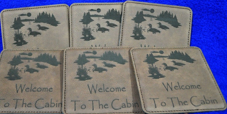 Engraved Coasters Leather Coasters Lake Home Gift Cabin Decor Loons At The Lake Gift Coasters Gift For Friends Housewarming image 2