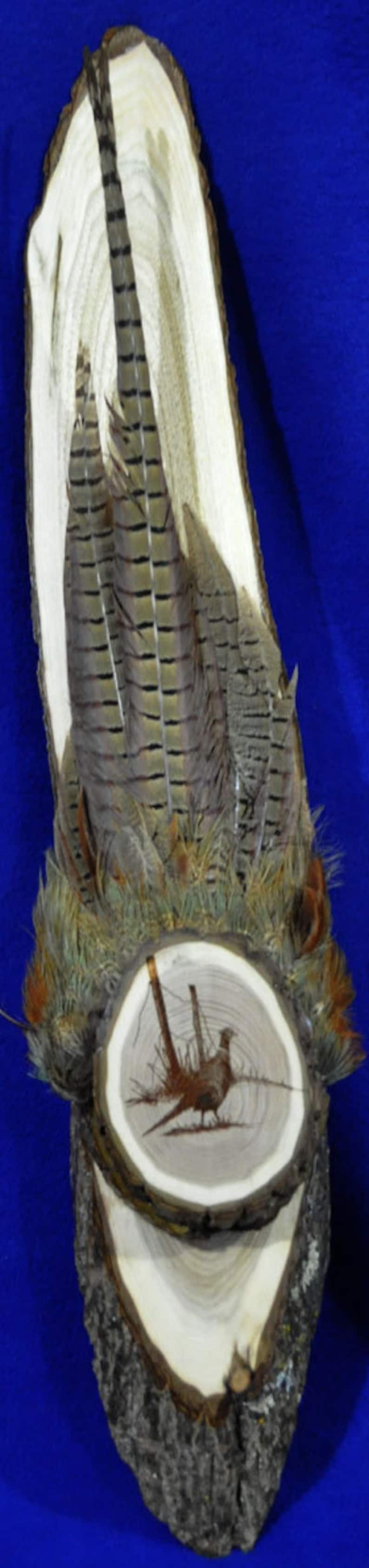 Peut inclure: Une plaque en bois avec un motif de plumes de faisan et une image de faisan br&ucirc;l&eacute;e au bois au centre.