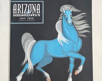 Arizona Highways Midcentury Navajo Art Diné Artists Adee Dodge Beatien Yazz Bold Blue Horse ArtJuly 1959