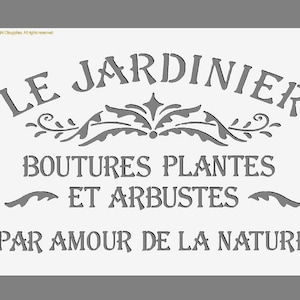 以下が含まれることがあります： 「LE JARDINIER BOUTURES PLANTES ET ARBUSTES PAR AMOUR DE LA NATURE」というテキストが書かれた灰色のステンシルです。