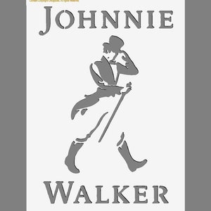 Puede incluir: Silueta en blanco y negro de un hombre caminando con un bastón, con el texto "JOHNNIE WALKER" arriba y abajo de la imagen.