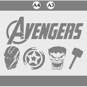 Puede incluir: Plantilla en blanco y negro con el logotipo de los Vengadores, Iron Man, el escudo del Capitán América, Hulk y el martillo de Thor.