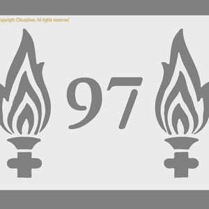 Könnte beinhalten: Eine Schablonen-Design mit der Zahl "97", flankiert von zwei stilisierten Fackeldarstellungen. Die Fackeln haben flammenartige Formen. Der Text "Content Copyright Ctsupplies. All rights reserved" steht oben.