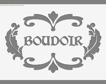 Op de afbeelding: Een sjabloon met een decoratief ontwerp met een gestileerd bloemenmotief en het woord "BOUDOIR" in een vintage lettertype.