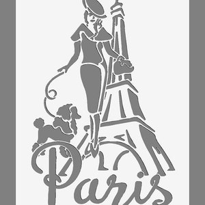 May include: A black and white silhouette of a woman in a hat and dress standing on the Eiffel Tower with a small dog. The text "Paris" is written below the image.