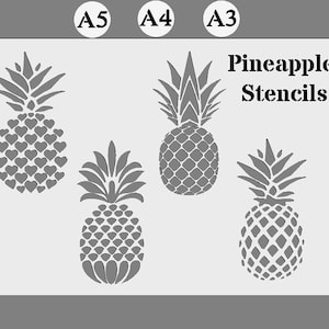 Może przedstawiać: Cztery szablony ananasów w różnych rozmiarach, w tym ananas z sercami, ananas z wzorem diamentowym i dwa ananasy z wzorem siatki. Szablony są oznaczone jako "Szablony ananasów".