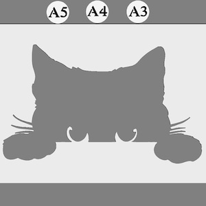 Peut inclure: Un pochoir noir et blanc d'un chat qui regarde par-dessus une surface. Les oreilles, les yeux et les pattes du chat sont visibles.