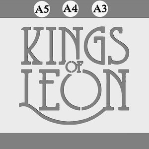 May include: Stencil design for the band Kings of Leon. The stencil is white and features the band's name in a stylised font.