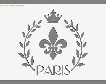 Op de afbeelding: Een grijze stencil met een fleur-de-lis-ontwerp, een kroon en een krans van bladeren. Het woord "PARIS" staat onder het ontwerp.