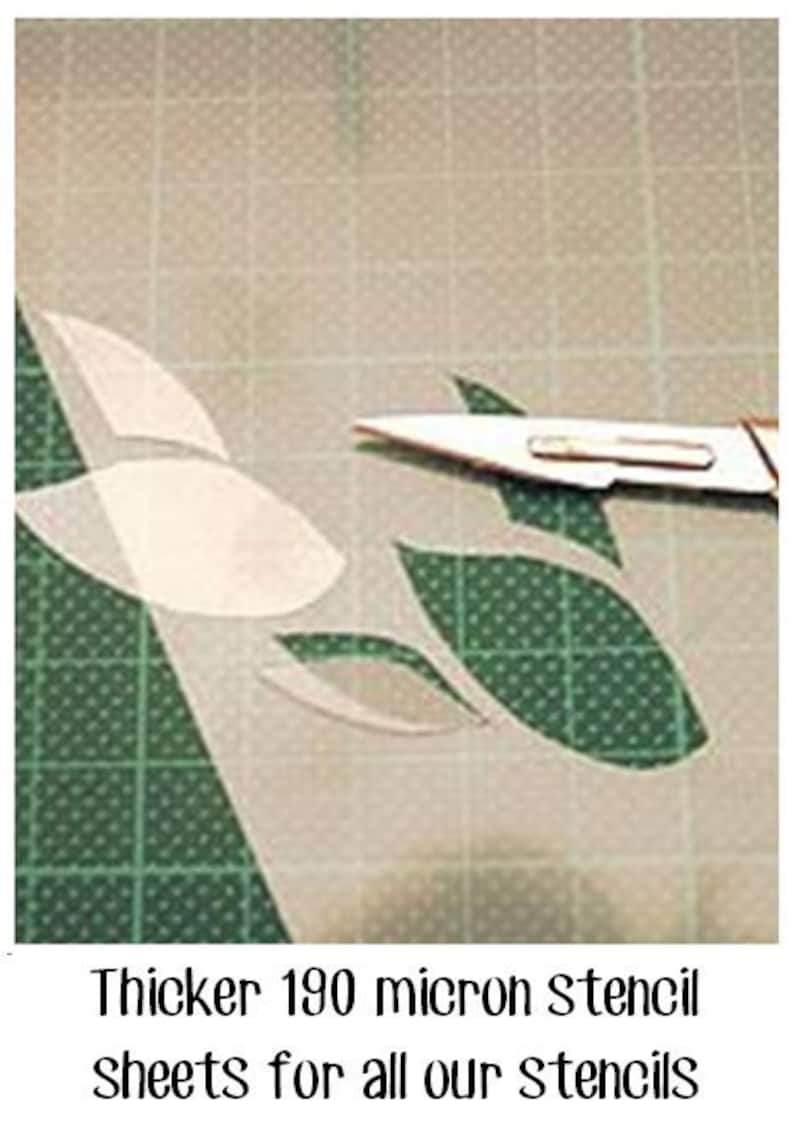 May include: A close-up of a 190 micron stencil sheet with a leaf design. A craft knife is used to cut out the design. Thicker 190 micron stencil sheets for all our stencils.