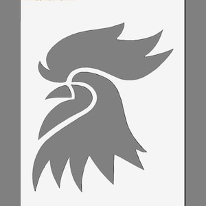 May include: A gray silhouette of a rooster's head with a comb and wattle. The rooster is facing the right side of the image. The image is a stencil for crafting projects.