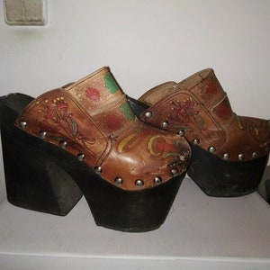 NOT FOR SALE!!  70s Platform Clogs  Hand Carved Tooled Studs Wood Floral Flower Patchwork Boho Hippie Woodstock Penny Lane Chasing Unicorns