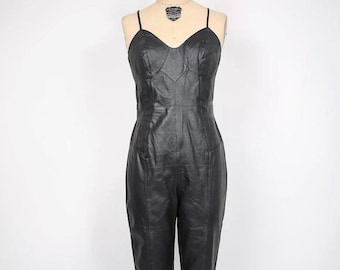 Vintage Jumpsuit Black Leather Jumpsuit Laceup Open Back Biker Motorcycle RocknRoll Rock Star Concert