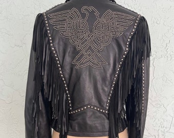 Vintage Black Leather Jacket Coat EAGLE Silver Stud Studded Fringe 80s 90s  Rock Rocker RocknRoll Streetwear