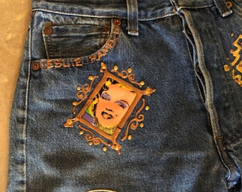 Vtg 80s Leslie Hamel Hand Painted Marilyn Monroe Jeans Blue Denim High Rise Mom Jeans High Waisted Streetwear  Glam Rock Rave Club 80s 90s