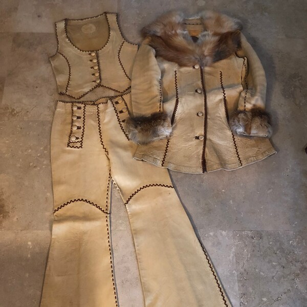 Vintage 70s North Beach Leather 3 Piece Matching Set Suit Vest Pants Jacket 1970s Woodstock Rock RockNRoll Boho Hippie Hippy