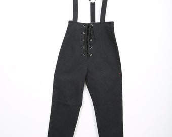 Vintage Black Denim Mom Suspender Jeans with Front Lace Up