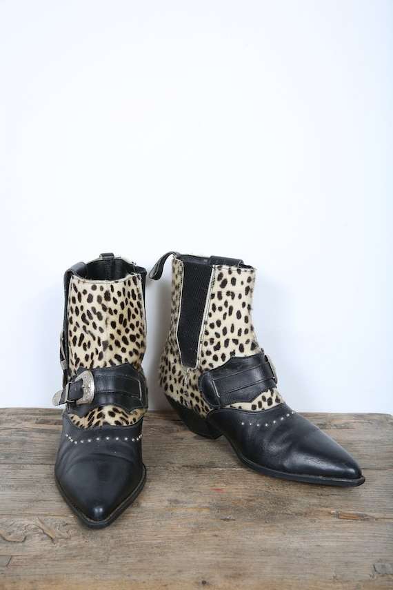 Leopard Print & Black Leather Ankle Boots Western 