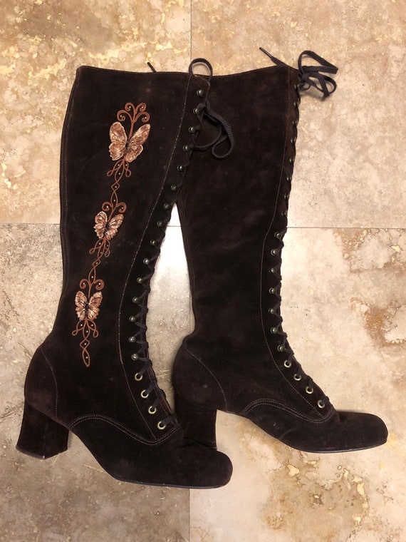 Vintage 60s Gogo Boots Brown Suede Embroidered But