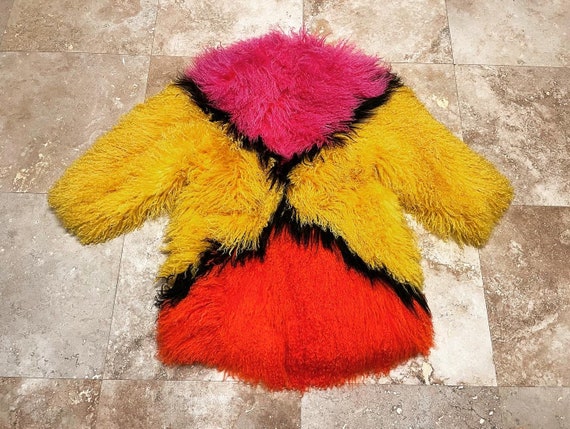 Vintage Mongolian Fur Coat Multi Color Patchwork … - image 4