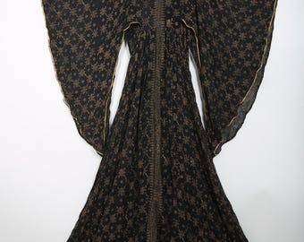 70s Vintage Indian Black Floral Block Print Maxi Dress with Gold Metallic Overlay Boho Bohemian Hippie Hippy Woodstock Summer Woodstock
