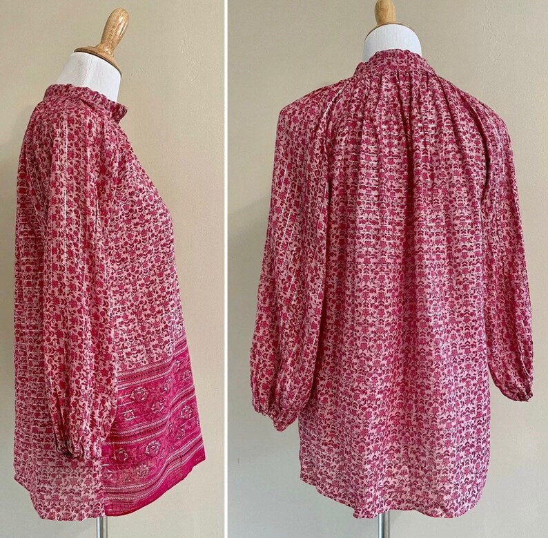 Vintage 70s Indian Barbie Pink Sheer Gauze Cotton 2 pc Matching Blouse Vest Block Print Paisley Floral Flower Boho Hippie Hippy Barbiecore image 6