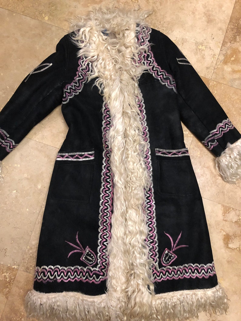 Vintage  70s Black Afghan Coat Jacket Shearling Sheepskin Embroidered Floral Boho Hippie Woodstock  Penny Lane Almost Famous 