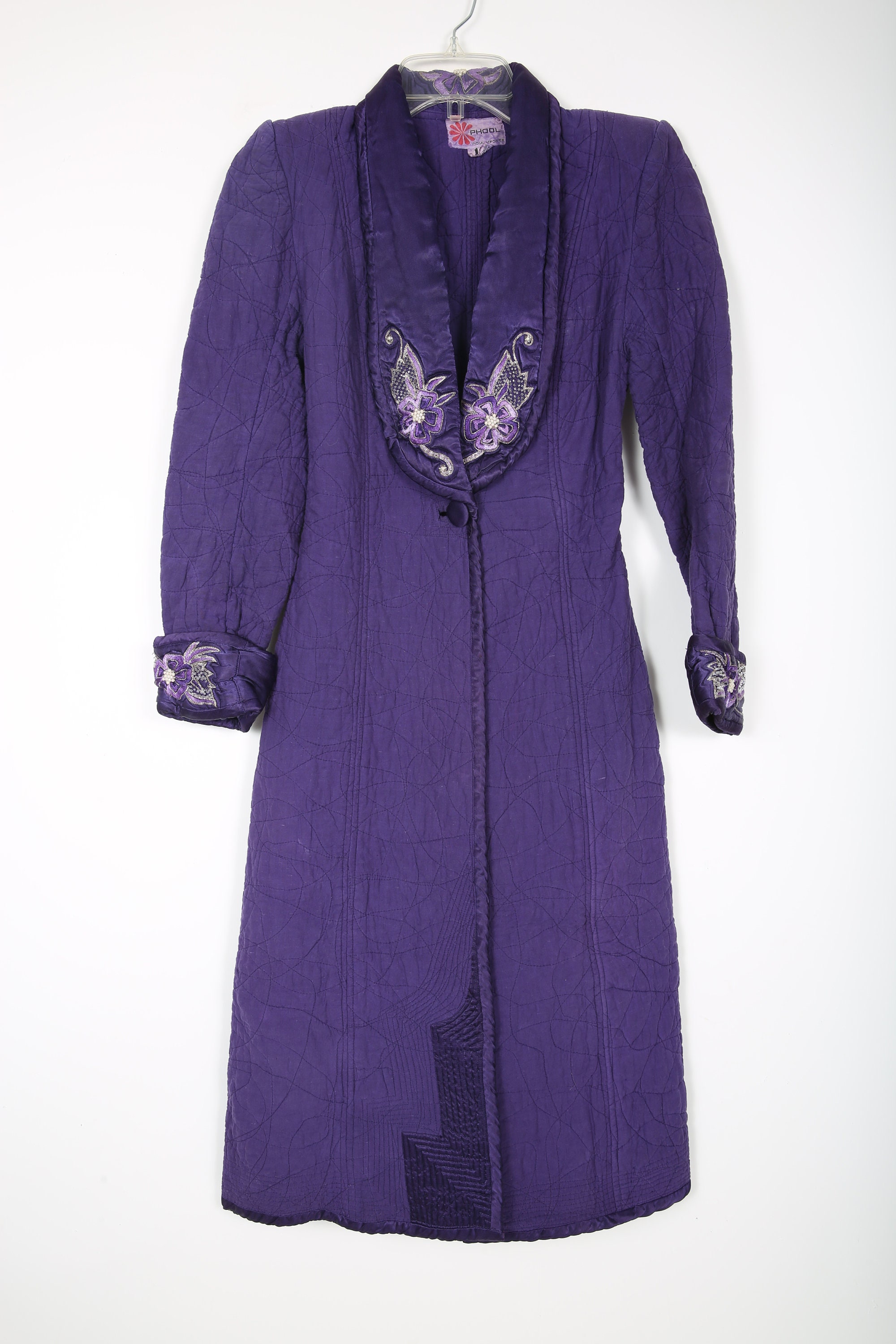 70s Vintage Purple Quilted Jacket Duster Coat Overcoat With