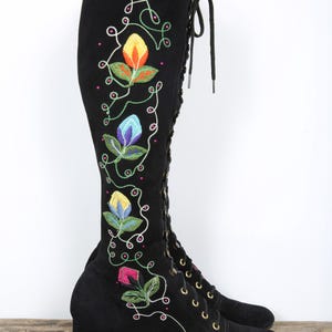 Penny Lane Boots Vintage Black 60s Gogo Boots with Floral Embroidery & Lace Ups 70s Boots Twiggy Retro