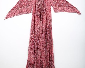 70s Vintage Caftan Kaftan Maxi Dress Sheer Cotton Gauze Gold Overlay Boho Bohemian Hippy Festival Coachella Floral Block Print