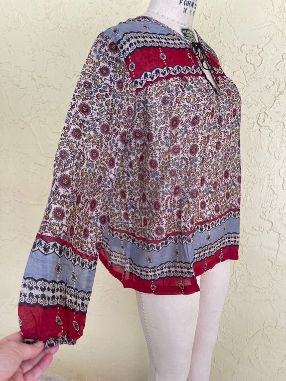 Vintage 70s Indian Blouse Top Red Block Print She… - image 2