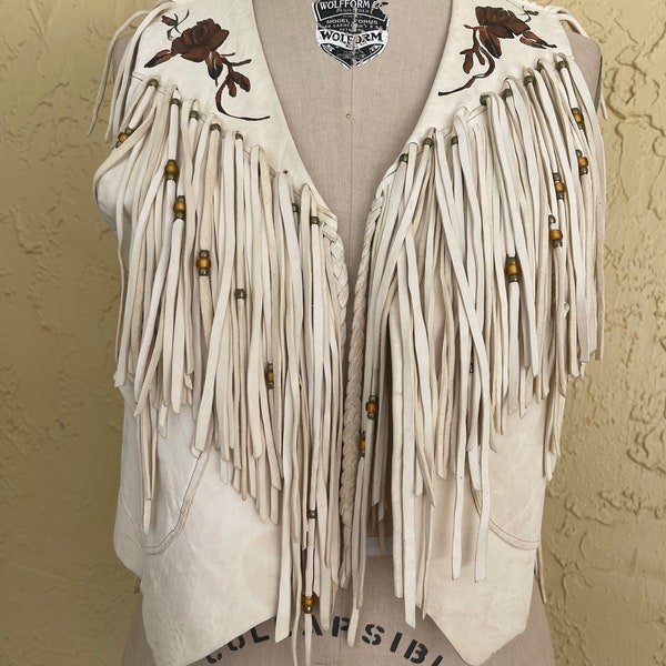 Vintage Vest 70s Leather Vest Fringe  Hand Painted Floral Rose Women's Boho Hippie Western Southwestern Urban Cowgirl