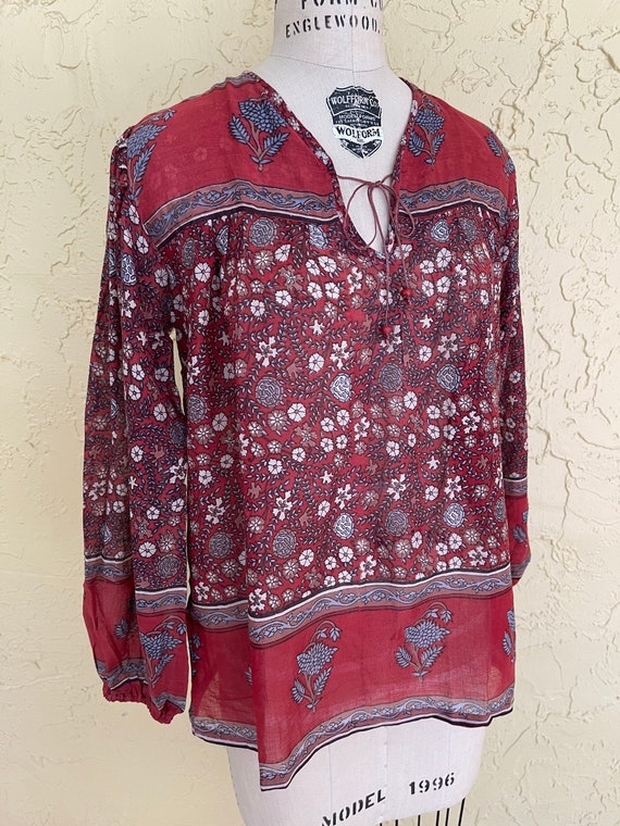 Vintage 70s Indian Blouse Top Red Block Print She… - image 3