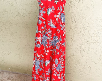 Vintage BILL BLASS Dress Red Floral Butterfly Maxi Dress with matching Scarf Summer Resort Vacation Cruise Tropical