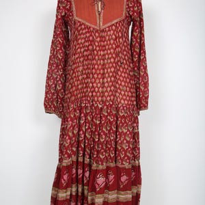 70s Vintage Indian Dress Red Floral Block Print Midi Dress Spring Summer Boho Bohemian Hippy Hippie
