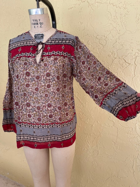 Vintage 70s Indian Blouse Top Red Block Print She… - image 1