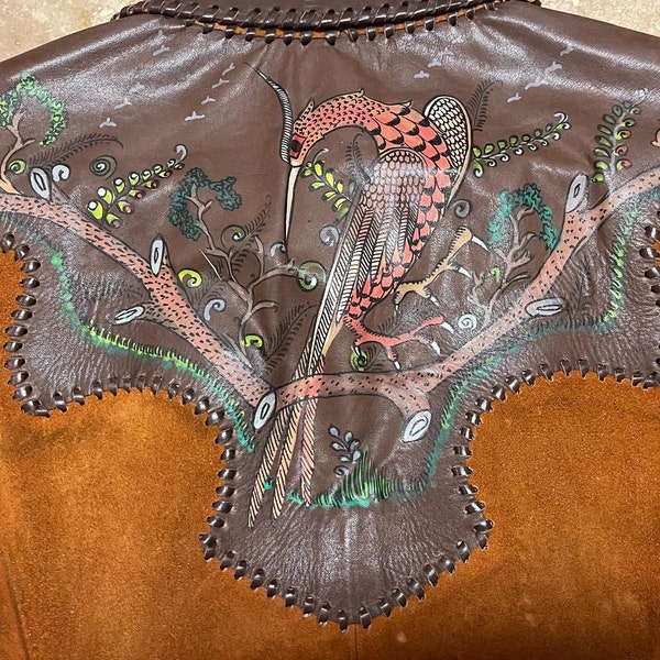 Vtg Char Jacket Shirt 70s Leather Suede Hand Painted Bird Whipstitch Patchwork Boho Hippie Festival Coachella