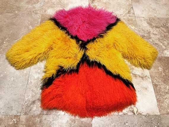 Vintage Mongolian Fur Coat Multi Color Patchwork … - image 5