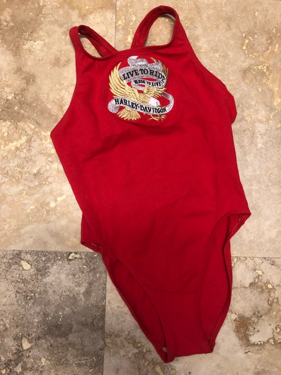 Rare Vintage Harley Davidson Zipper Chest Swim Bodysuit Biker