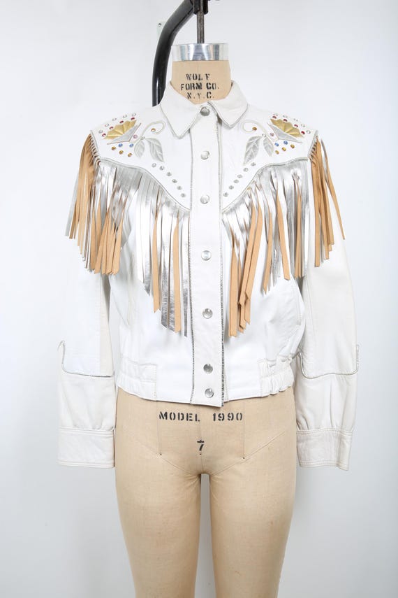 Vintage White Leather Cowgirl Western Fringe Jacket Coat Silver 