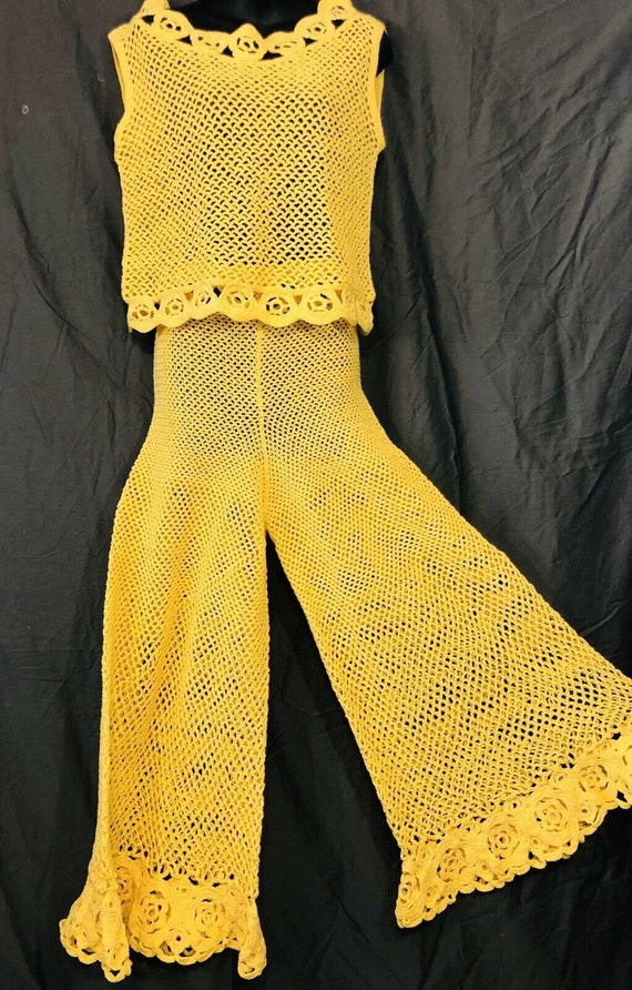 1960s Open Knit Bell Bottom White 2 Piece Pants Top or Dress Hippie