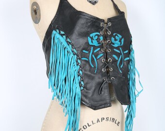 Vintage Black Leather Halter Top With Fringe and Flower Inlay Boho