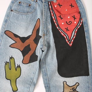 Vtg 80s 90s Hand Painted Jeans Cowgirl Western Southwestern Yellowstone Blue Denim High Rise Mom Jeans Catus Cowgirl Hat Streetwear Novelty