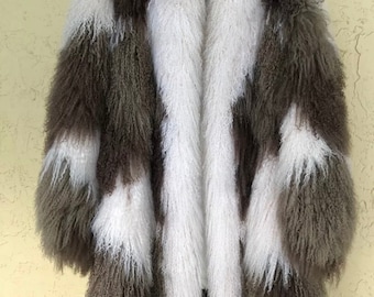 Vintage Mongolian Fur Coat Shaggy Tibetian Lamb Multi Color Block Patchwork Brown White Avant Garde Designer Boho Hippie