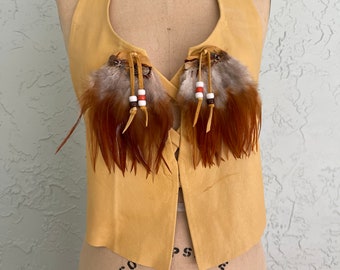 Vintage Halter Top 70s Leather Feathers Beads Boho Hippie Hippie Festival Motorcycle Coachella Woodstock